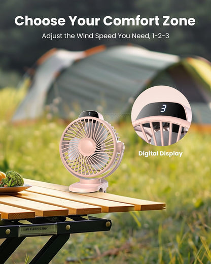 Koonie Portable Clip On Fan, Small Rechargeable Battery Operated, 3 Speed Mini clamp Fan With LED Display, 360° Rotate Personal Cooling Desk Fan for Stroller Bed Travel Camping Golf Gym