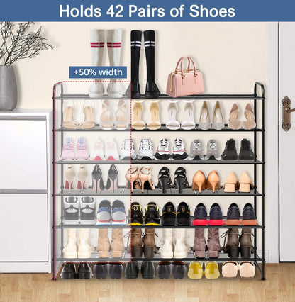 KEETDY 3-Tier Long Shoe Rack for Closet Metal Shoe Organizer for Entryway, Wide Stackable Shoe Storage Shelf with Sturdy Wire Grid for Closet Floor, Bedroom, Black