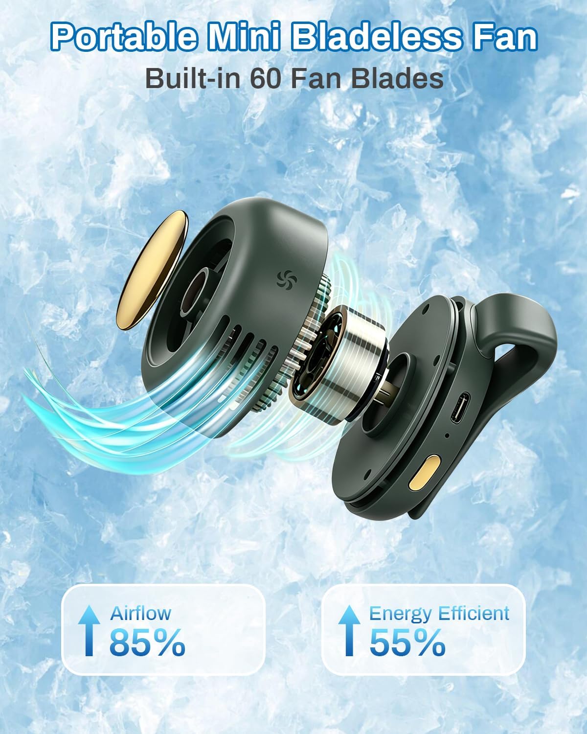 Portable Silent Mini Bladeless Electric Fan Clip On,Mini Bladeless Fans with Clip,3 Speeds Hands-Free Small Whirlwind Bladeless Fan Neck Fans,Rechargeable Tiny Fan Clips On Shirt (White-1pcs)