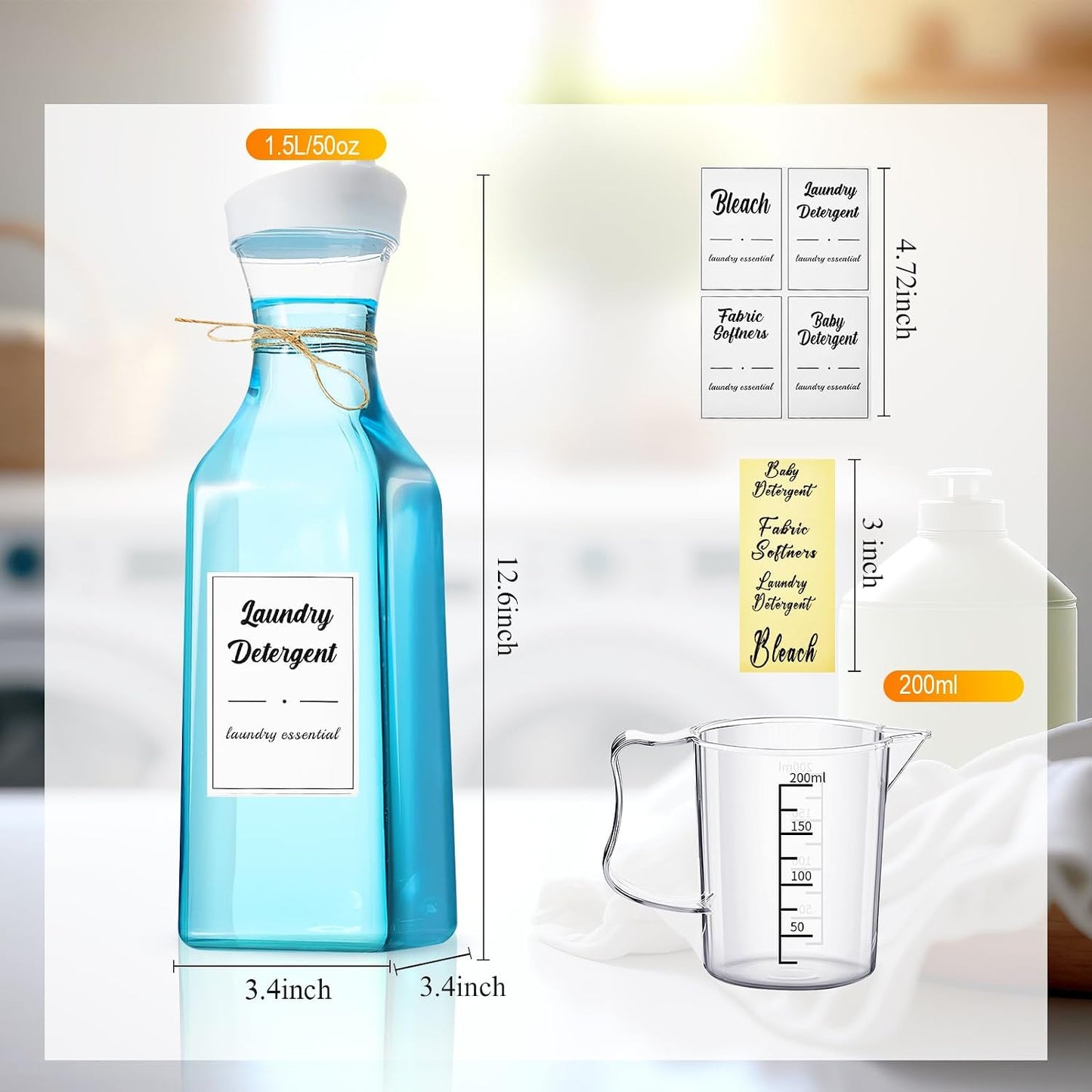 Hushee 4 Pcs Laundry Detergent Dispenser Bottle 51oz with Measure Cup Labels for Laundry Detergent Soap Fabric Softener Bleach Scent Booster Beads Bottle for Laundry Room Decor