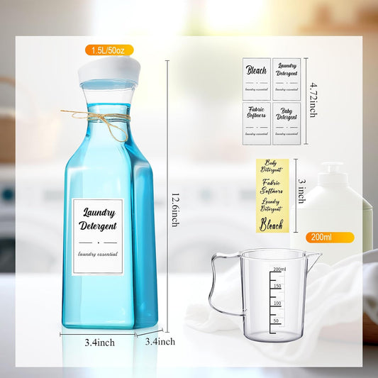 Hushee 4 Pcs Laundry Detergent Dispenser Bottle 51oz with Measure Cup Labels for Laundry Detergent Soap Fabric Softener Bleach Scent Booster Beads Bottle for Laundry Room Decor