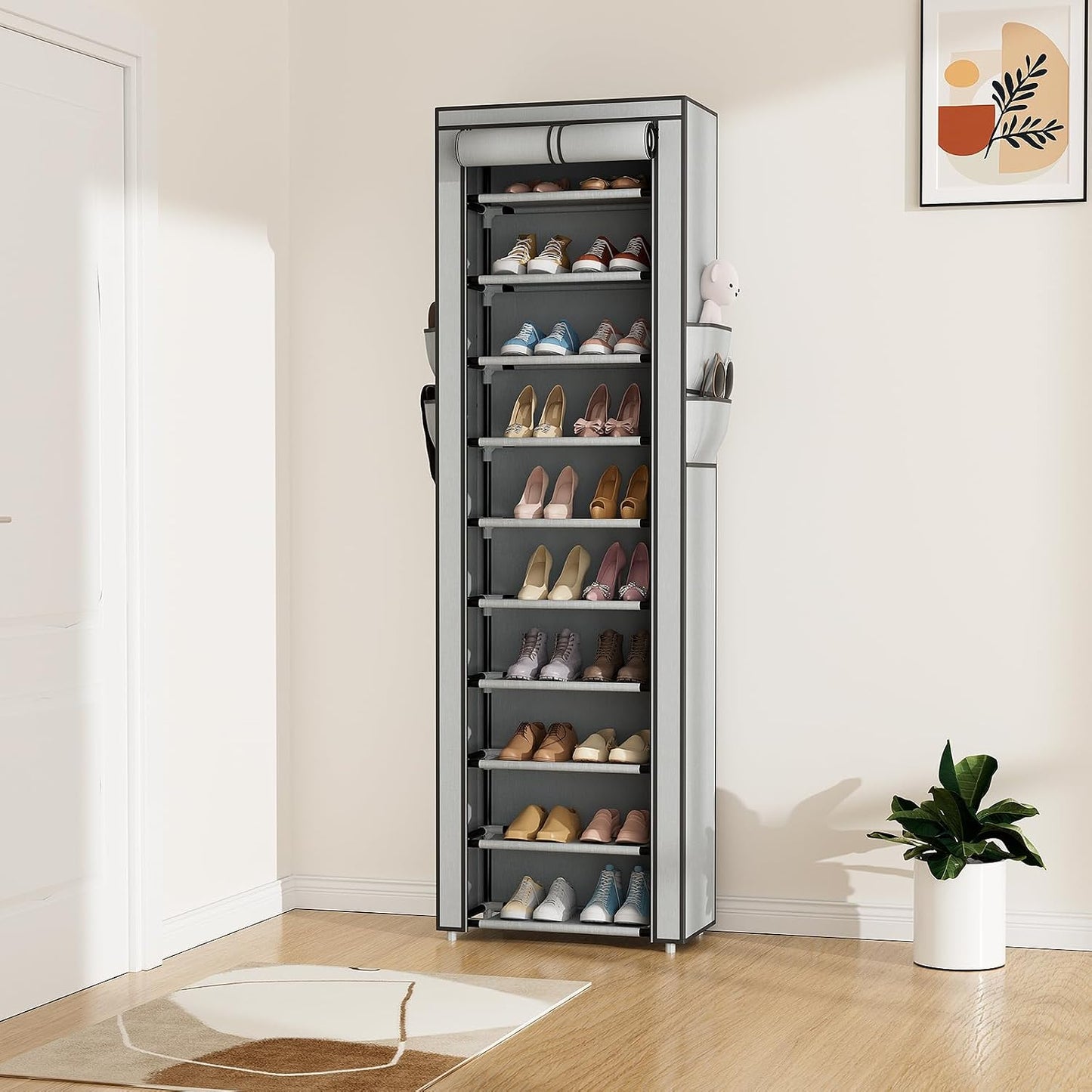 ROJASOP 10 Tier Shoe Rack with Covers,Large Capacity Stackable Tall Shoe Shelf Storage to 50-55 Pairs Shoes and Boots Sturdy Metal Free Standing Shoe Rack Organizer for Closet Entryway Garage