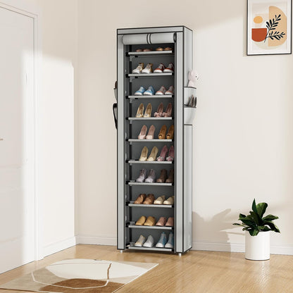 ROJASOP 10 Tier Shoe Rack with Covers,Large Capacity Stackable Tall Shoe Shelf Storage to 50-55 Pairs Shoes and Boots Sturdy Metal Free Standing Shoe Rack Organizer for Closet Entryway Garage