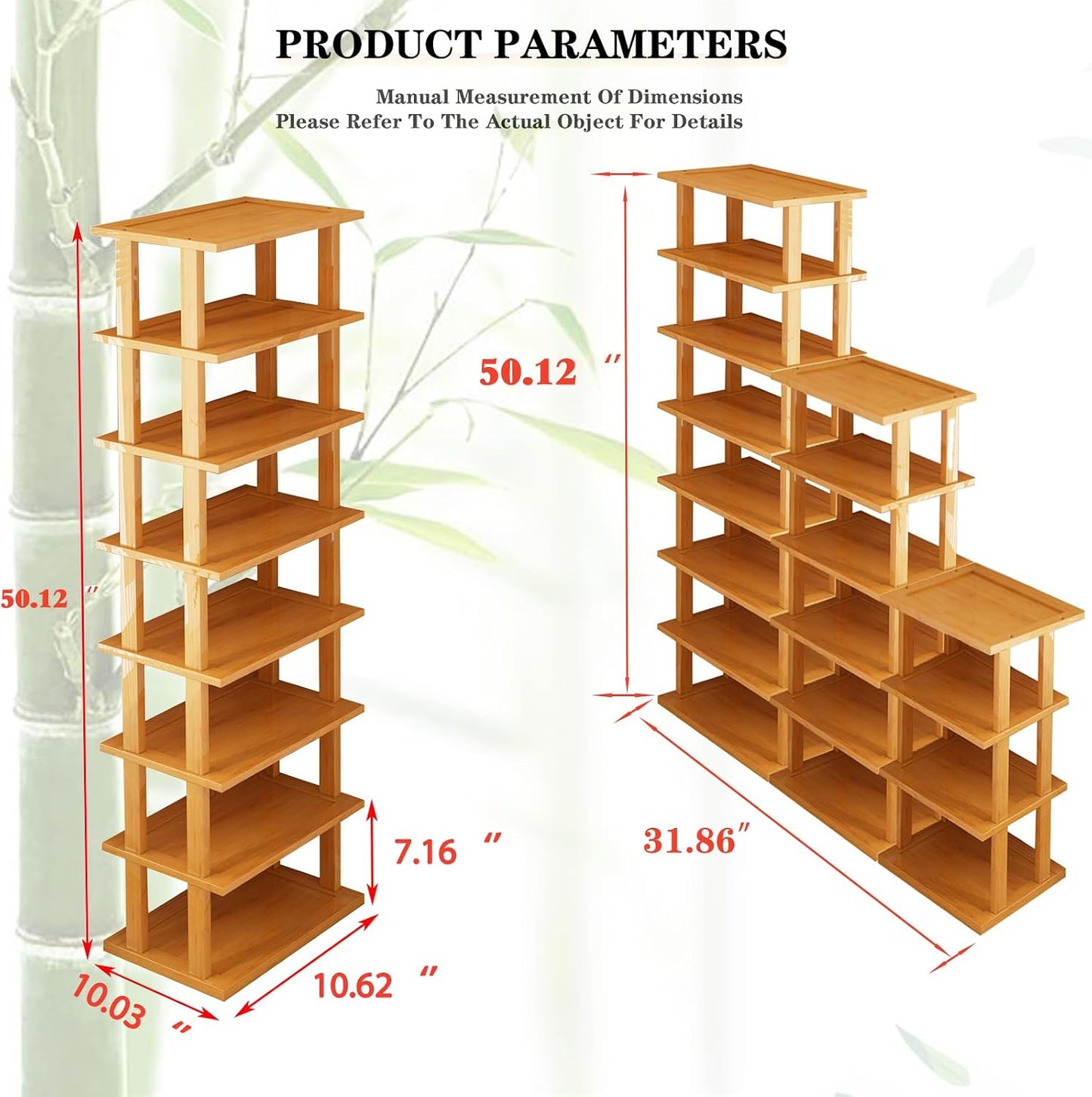 SAN HE 7-Tier Modern Bamboo Shoe Rack - Vertical, Slim, Space-Saving Shoe Organizer for Small Spaces, Closet, Entryway, Corner, Garage, Bedroom