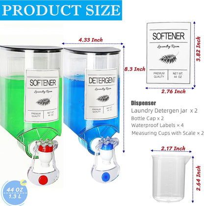 2 PCS Laundry Detergent Dispenser, 44 oz Wall Mounted Laundry Soap Dispenser with Faucet Liquid Detergent Holder for Laundry Room, Fabric Softener Container with Labels Adhesive Hook Measuring Cup