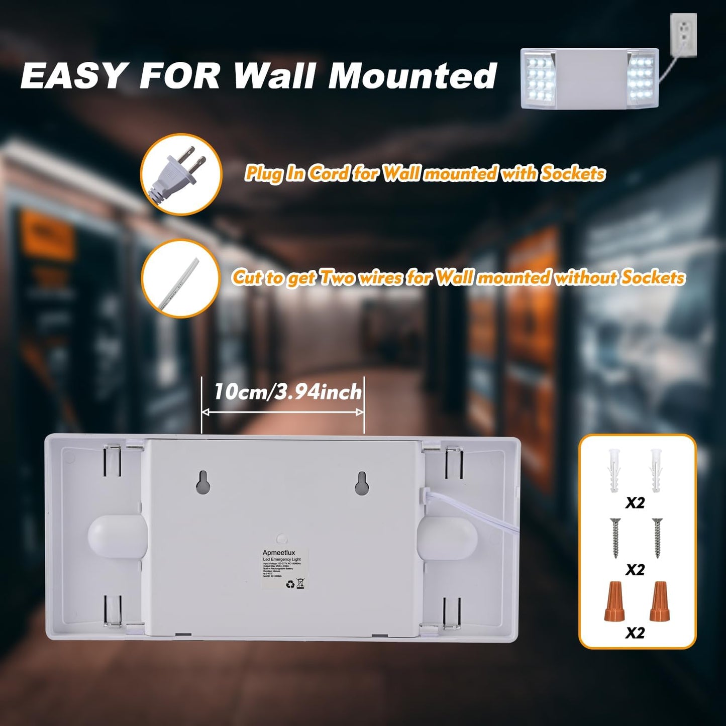 Plug in Emergency Lights for Business Home Power Failure 4Hours 300lm LED Commercial Emergency Light Fixtures with Battery Backup Rechargeable Adjustable Two Heads AC85-277V