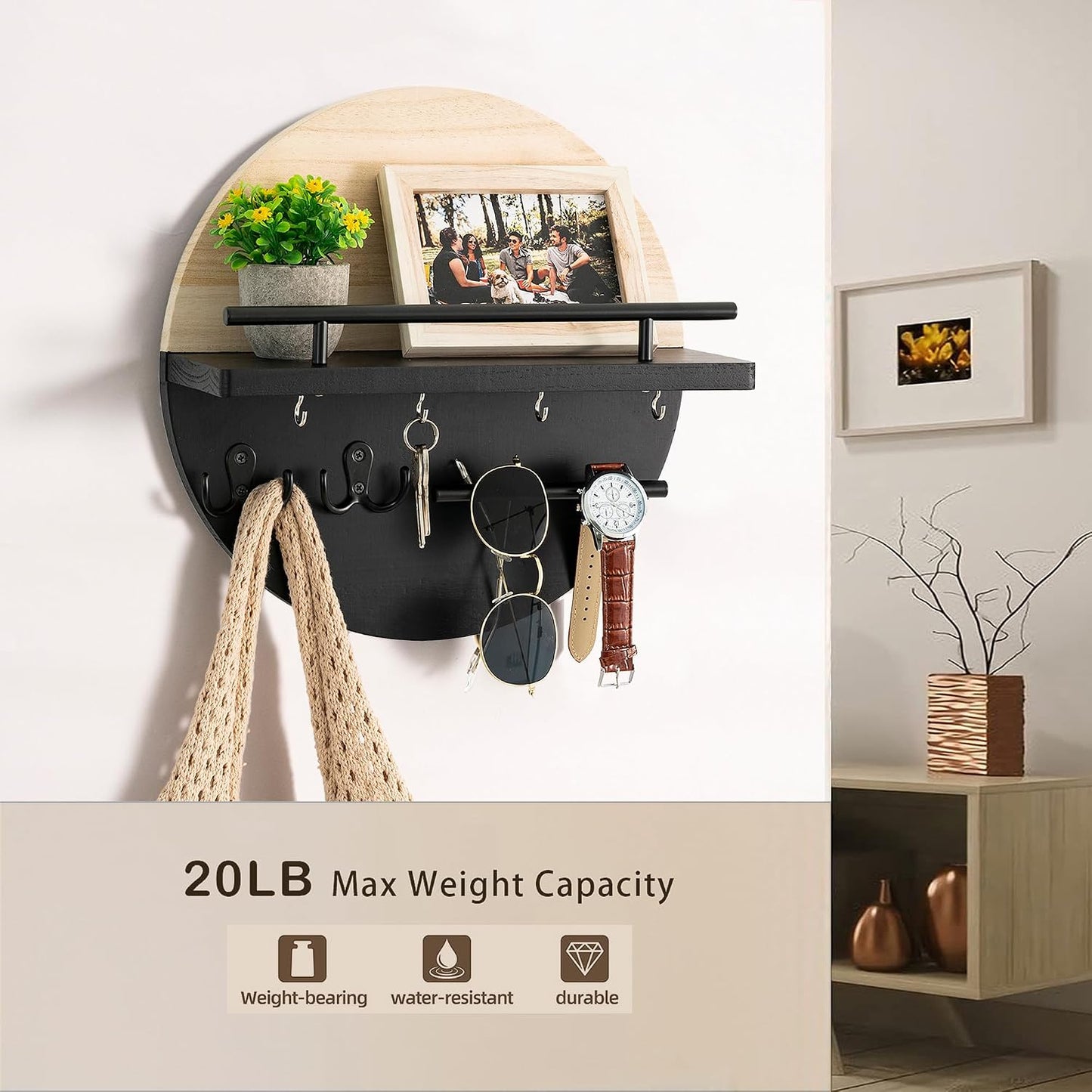 dreampossible Key Holder for Wall Decorative with Shelf and Hooks, Mail Organizer Wall Mount, Circular Design Entryway Key Rack Hanger, Rustic Home Decor (Black)