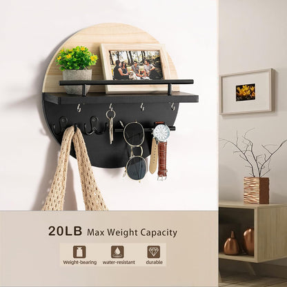 dreampossible Key Holder for Wall Decorative with Shelf and Hooks, Mail Organizer Wall Mount, Circular Design Entryway Key Rack Hanger, Rustic Home Decor (Black)