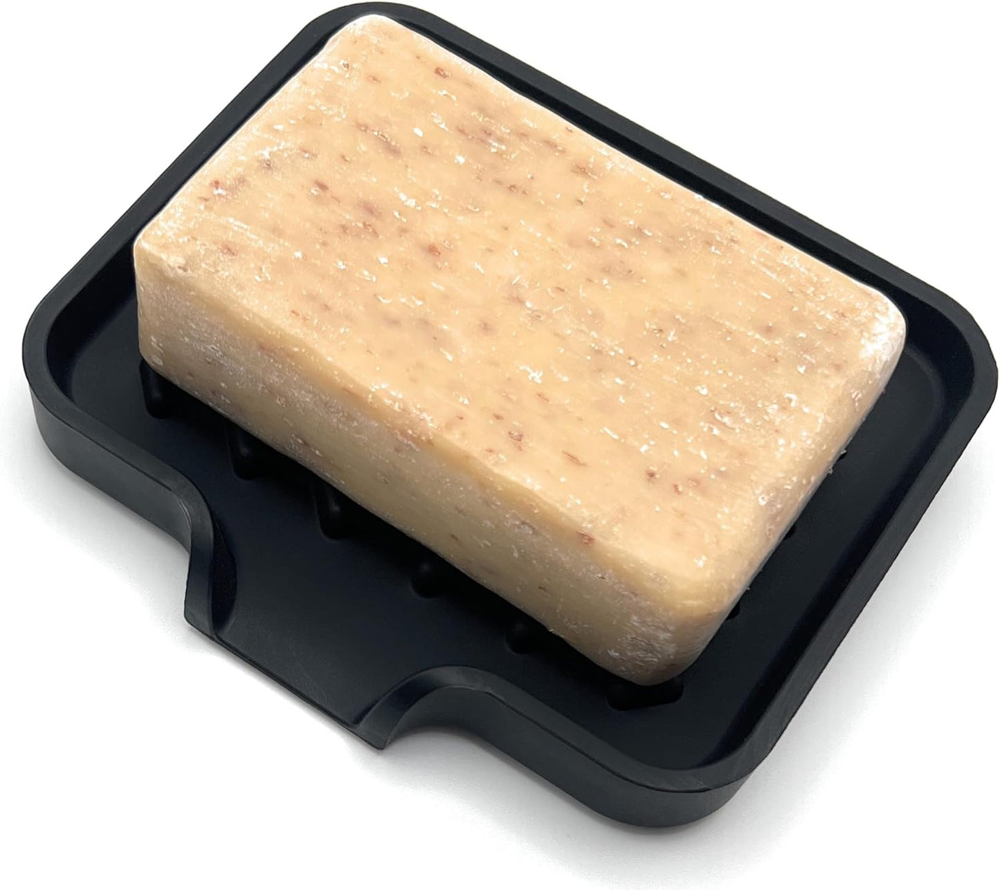 Silicone Soap Dish Tray and Sponge Holder with Drain Chute and Feet | 3-Way Sloped Design | Bathroom and Kitchen Sink Organizer Caddy (Black, 10"x4", 7.8 Ounces)