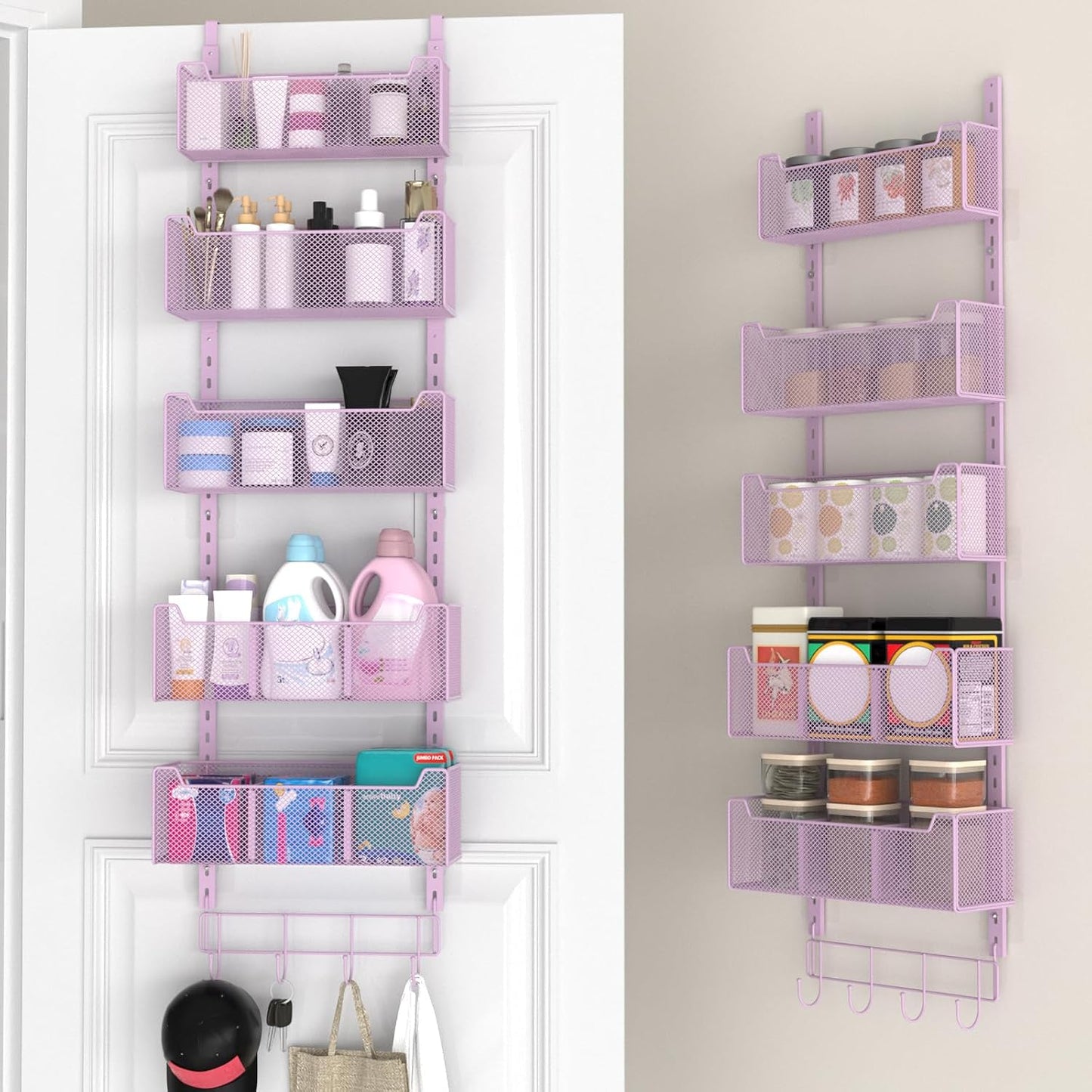 VyGrow Over The Door Organizer, Metal Door Organizer Hanging with 5 Adjustable Baskets and Coat Hook, Behind The Door Storage for Bedroom Closet Bathroom Pantry Cabinet Kitchen, Black