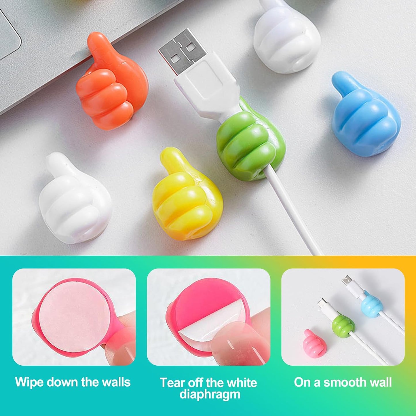 32 Pack Creative Thumbs Up Wall Hooks, Self-Adhesive Silicone Thumb Holders for Desk, Cute & Fun Cord Cable Clips, Multi-Function Wire Organizer for Keys, Pencils, Charging Cables