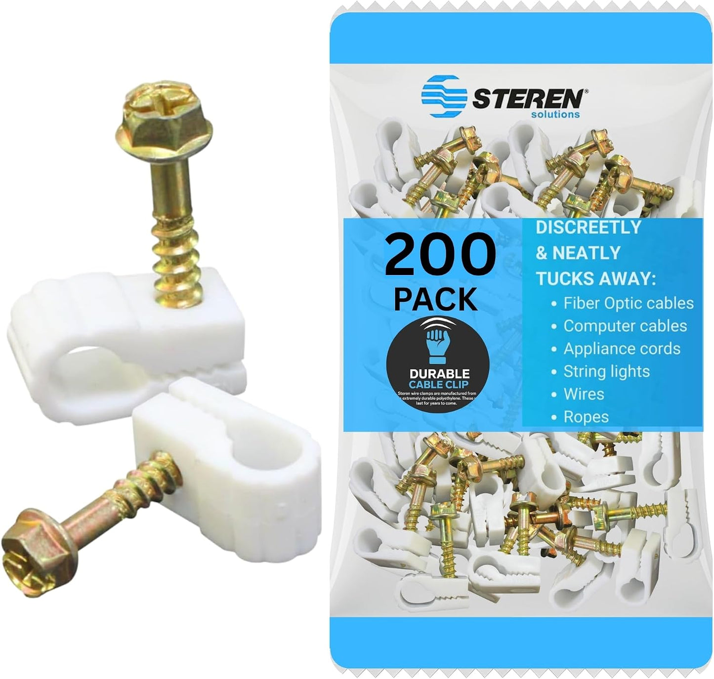 STEREN Coaxial Cable Clips - Cable Holder - Wire Clips - Siding Clips For Hanging - Cord Holder For Desk - Cable Clamps - Cord Clip - Wire Organizer Clips - Tv Mount Screws - Black - 100 Pack