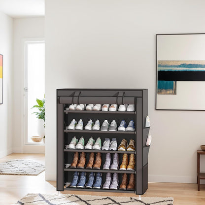 Laiensia 9-Tier Vertical Shoe Rack Organizer, Space Saving Shoe Storage Organizer, Non-Woven Cover Shoe Shelf Holds 36-45 Pairs for Bedroom, Hallway, Closet Entryway, Black