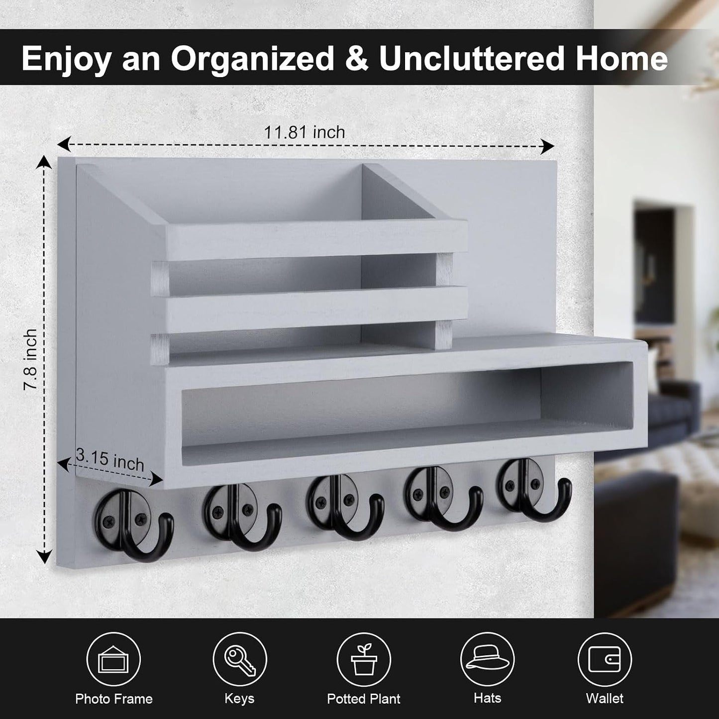 Key and Mail Holder Wall Mount, Key Hanger with Long Storage Box and 5 Hooks for Coat, Dog Leash, Home Decor Rack, House Accessories, Entry Way Organizer 11.8”W x 7.8”H x 3.2”D