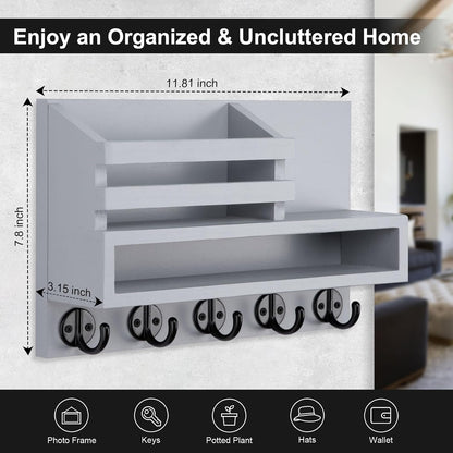 Key and Mail Holder Wall Mount, Key Hanger with Long Storage Box and 5 Hooks for Coat, Dog Leash, Home Decor Rack, House Accessories, Entry Way Organizer 11.8”W x 7.8”H x 3.2”D
