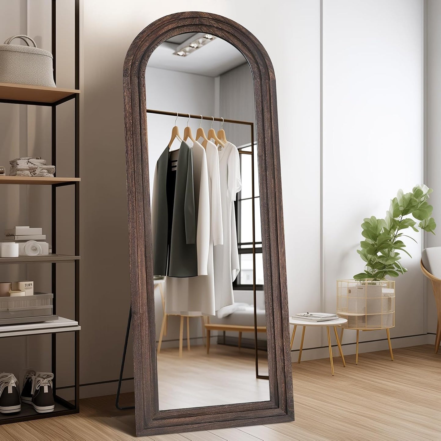 Solid Wood Full Length Mirror - 65"x22" Arched Floor Mirror, Free Standing & Wall Mounted - Elegant Design for Bedroom, Dressing Room, Hallway, Brown