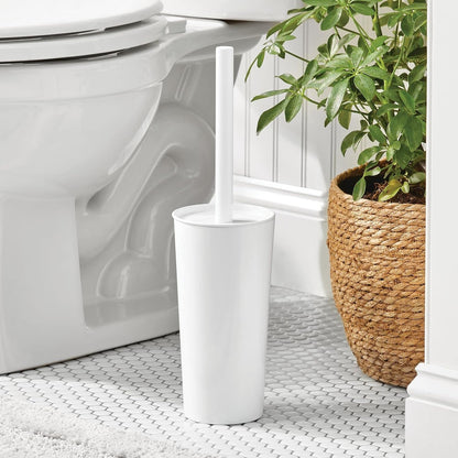 mDesign Metal Freestanding Slim Toilet Bowl Brush and Holder + Rectangle Narrow 5 Liter / 1.3 Gallon Step Pedal Trash Can Wastebasket for Bathroom - Small, Compact Design - Set of 2 - Brushed/Chrome