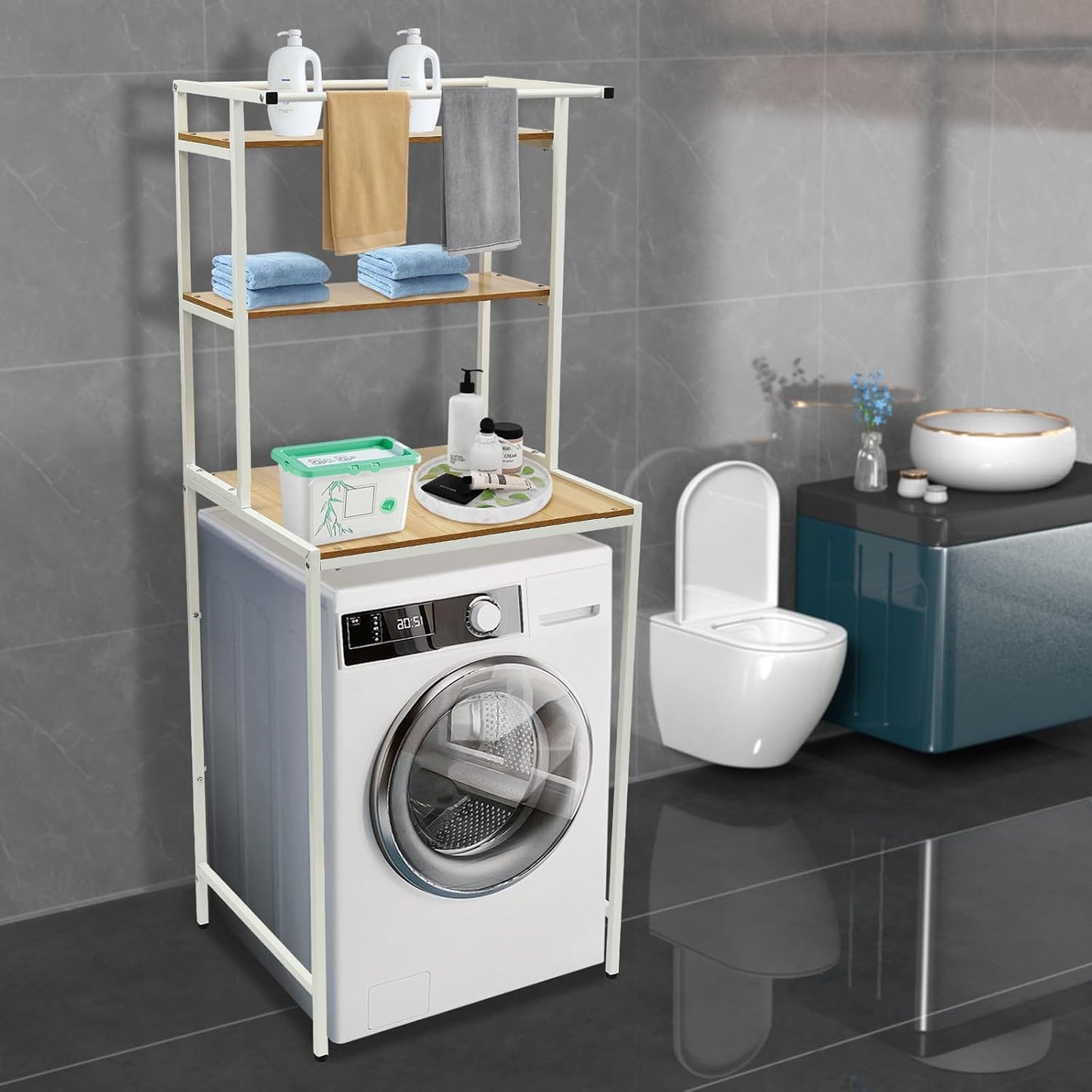 Washer and Dryer Shelves, Washer Dryer Countertop Rack 3 Tiers Laundry Room Storage Organizer Standing Shelf with Hanger Rod, Clothes Drying Rack Space Saving Organizers Shelf (White+Marble Plate)