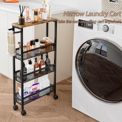 AZERPIAN Slim Rolling Cart 4 Tier Narrow Storage Cart on Wheels with MDF Board Top and Metal Handle for Small Space Kitchen Living Room Home Office Pantry Bathroom Laundry Room(16.54×5.12×30.31 inch)