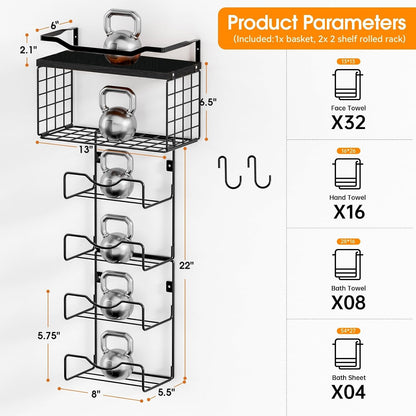 Towel Racks for Bathroom,Towel Rack Wall Mounted, 6 Tier Rolled Or Folded Towel Holder with Floating Shelves, Bathroom Towel Holder for Bath, Hand Towels,Metal and Wood