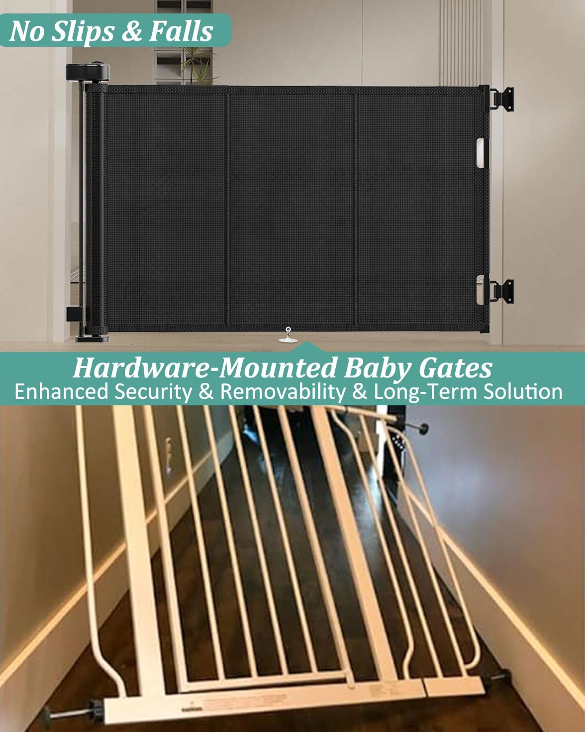 Miumoon 50 inch Retractable Baby Gates 34 inch Tall, Retractable Gate with Reinforced Strip Design to Prevent Crawling Through, Retractable Dog Gate for Stairs, Doorways, Hallways
