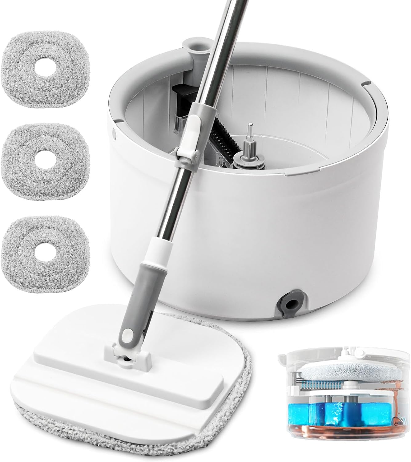 Spin Mop and Bucket with Wringer Set, 360° Spinning Mop Bucket System with 3 Microfiber Mop Replacement Heads and 50" Stainless Steel Adjustable Handle for Floor Cleaning