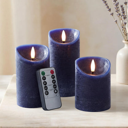 Elyrae Navy Blue Flameless Candles with Remote and Timer, Real Wax Made LED Pillar Candles Battery Operated with 3D Flickering Flame, 3" x 4",5",6", Navy Blue Decor, Set of 3