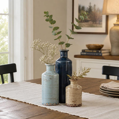 Ceramic Vase Set of 3 – Small Flower Vases, Modern Farmhouse Boho Flower Vases for Home Decor, Rustic Pottery Vases for Centerpieces, Living Room, Shelf, Fireplace, Entryway Decor, Table or Cabinet