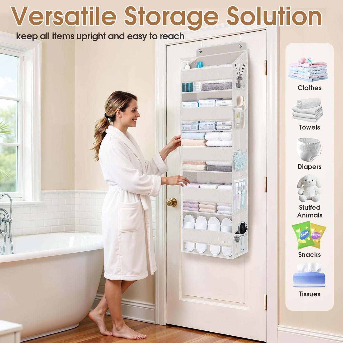 WISELIFE Over The Door Organizer Storage with 4 Large Pockets Door Hanging Organizer with Clear Windows behind The Door Storage for Nursery Bedroom Bathroom Pantry Closet and Baby Essentials Dark Grey