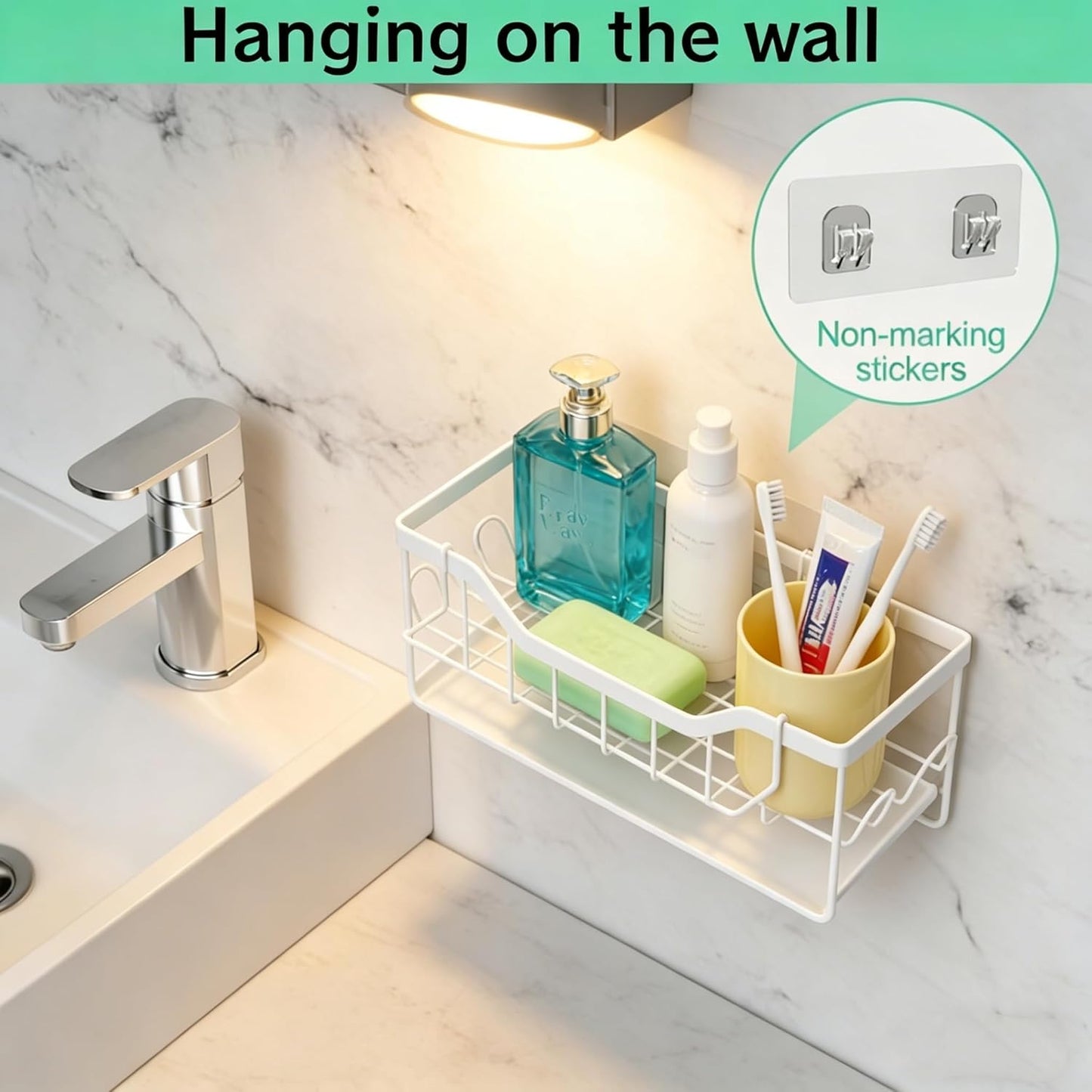 Sponge Holder for Kitchen Sink - Sink Caddy Organizer with Auto Drain Tray, Detachable Towel Rack, Stainless Steel Kitchen Counter Organizer Rack, Black