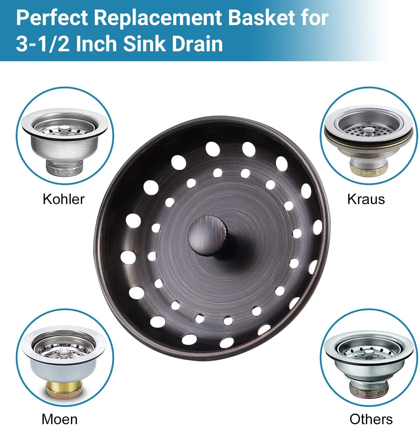 KONE 2PCS Kitchen Sink Basket Strainer Replacement for 3-1/2 Inch Standard Drains Brushed Stainless Steel Body Metal Center Knob with Rubber Stopper