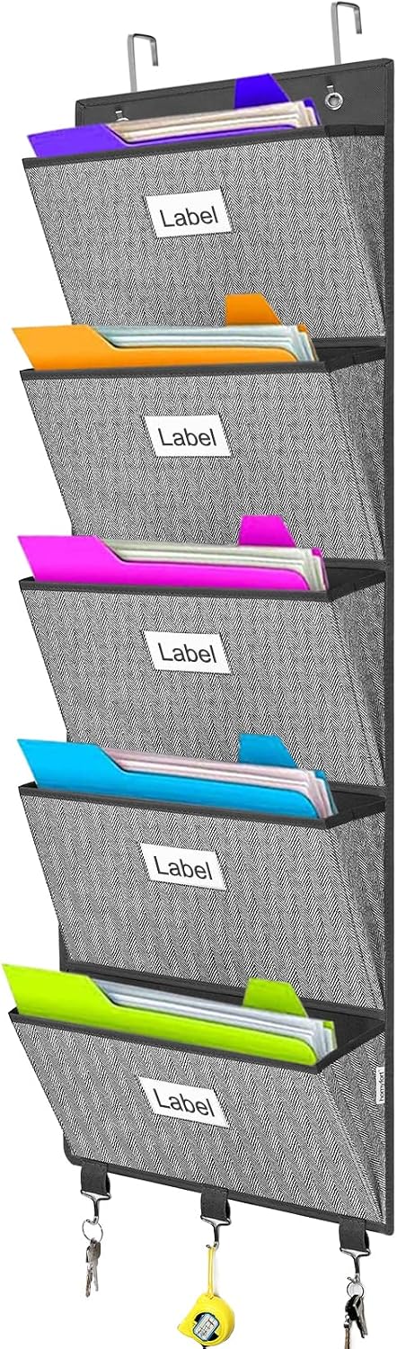homyfort Over the Door File Organizer, Wall Hanging File Folders with 5 Large Pocket for Mails, Magazines, Back to School Supplies,Office Chart Storage, Paper Organization (Grey)