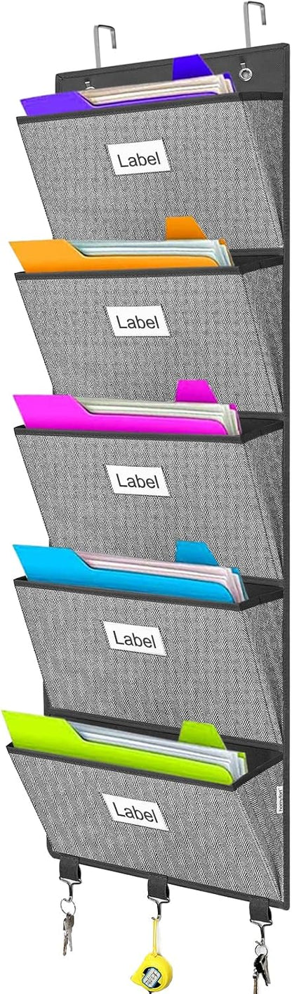 homyfort Over the Door File Organizer, Wall Hanging File Folders with 5 Large Pocket for Mails, Magazines, Back to School Supplies,Office Chart Storage, Paper Organization (Grey)