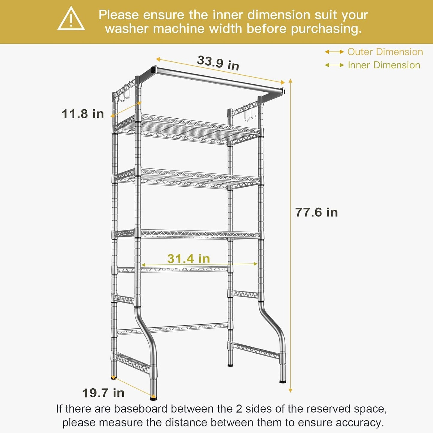 Ulif U11 Over Washer and Dryer Shelves, 3 Tiers Laundry Room Storage and Organizer Standing Shelf, Metal Freestanding Clothes Drying Rack, 33.9" W x 19.7" D x 77.6" H, Black
