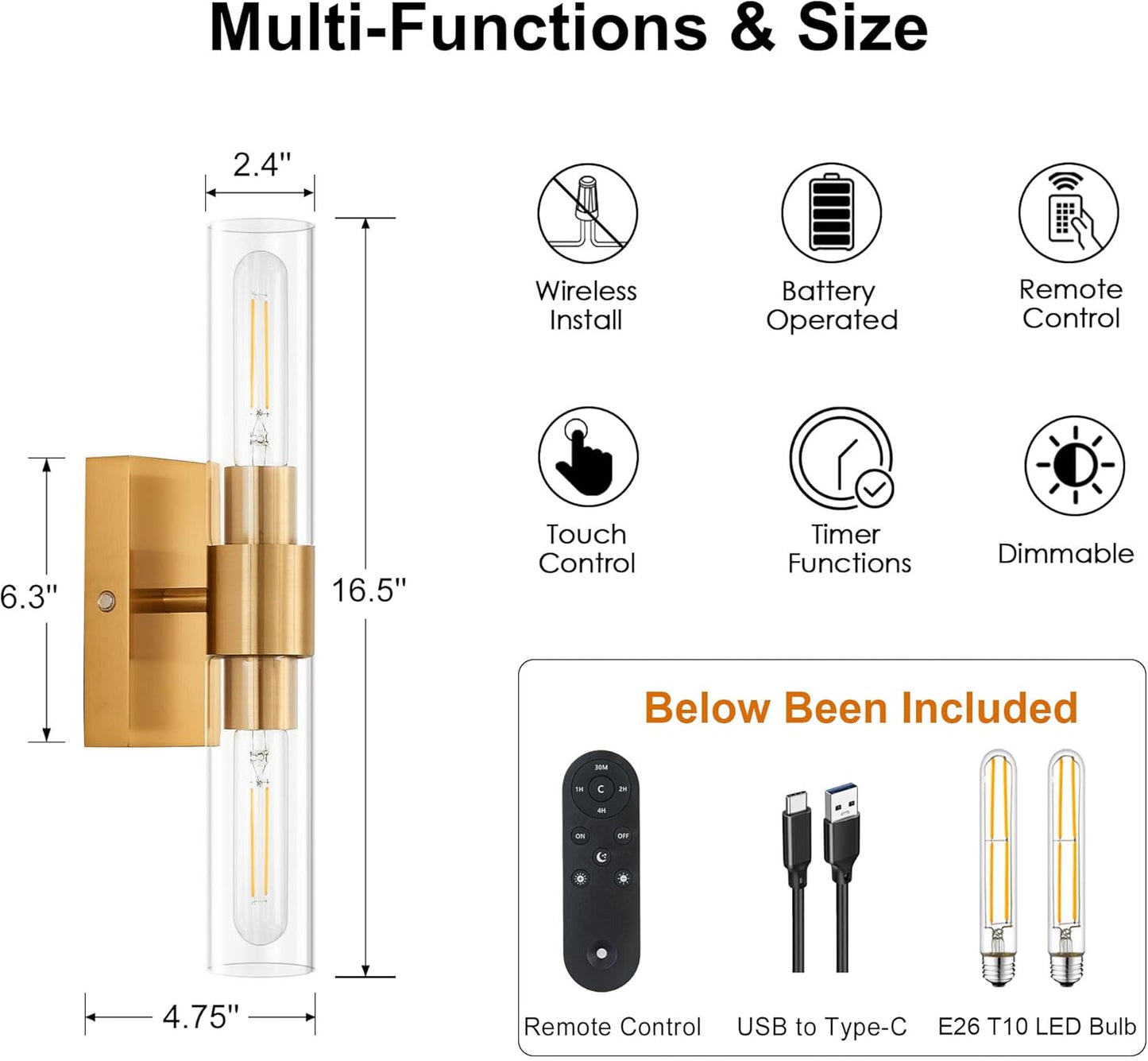 SANTOSTOCK Gold Battery Operated Wall Sconce Set of 2, 12000mAh Rechargeable Wall Lights with Remote Control, Wireless Dimmable Wall Lamps for Bedroom Living Room Bathroom Hallway Stairwell