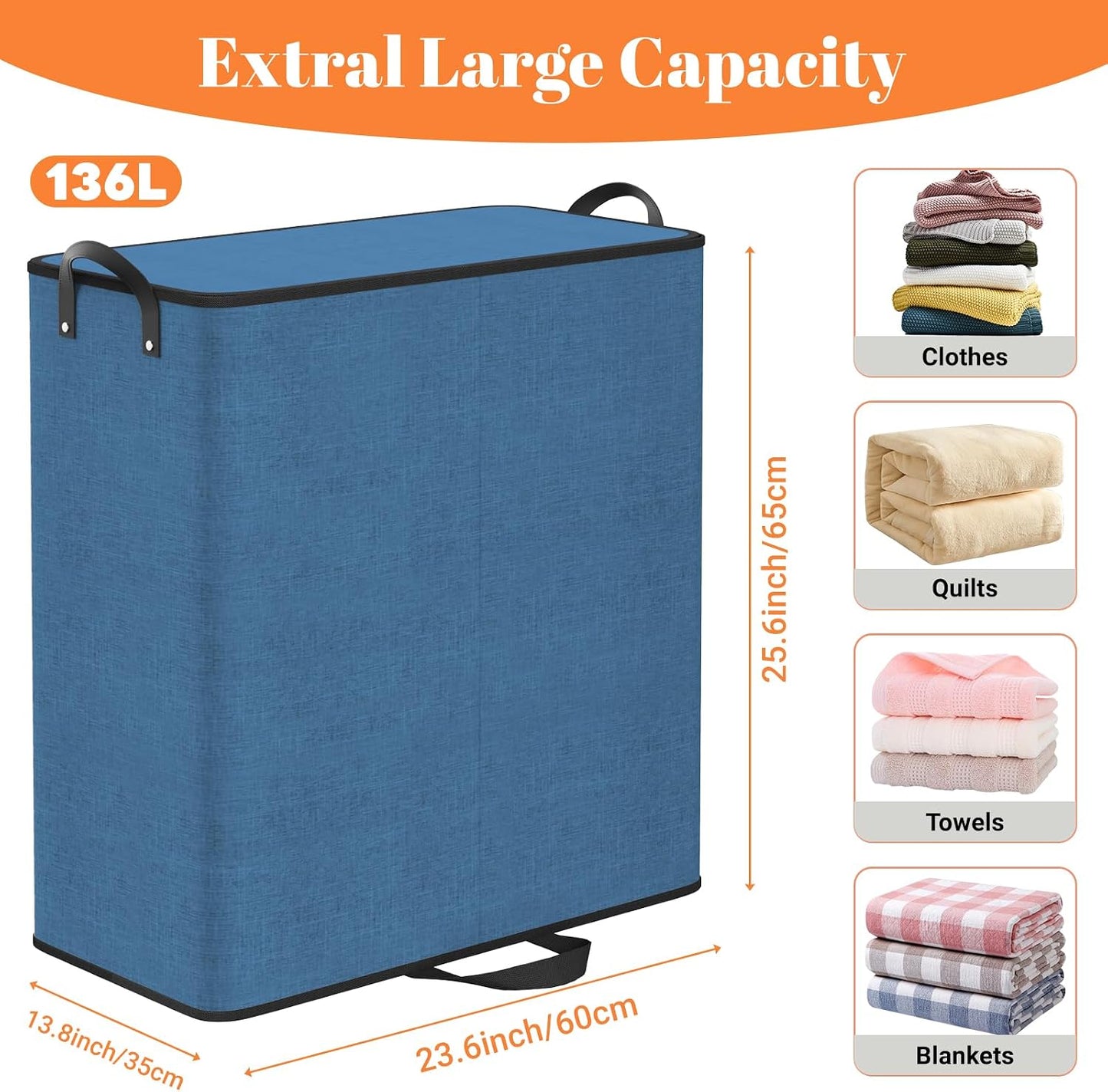 Large Double Laundry Hamper with Lid, Removable Bags & Reinforced Handles, 2 Section Tall Laundry Basket, Dirty Clothes Hampers for Laundry Room, Bedroom, Bathroom, Dorm, 136L, Gray