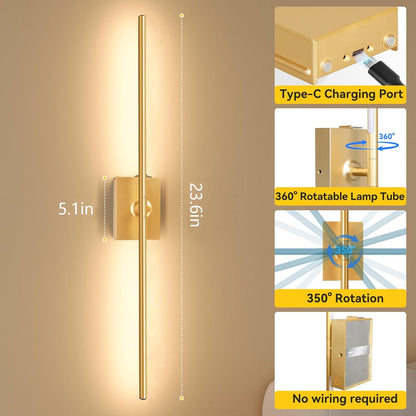 Ouyulong Battery Operated Wall Sconces Set of 2, 10000mAh Wireless Rechargeable 3000-6000K Dimmable 350° Rotate Wall Light with Remote for Living Room, Bedroom 31.6in Black