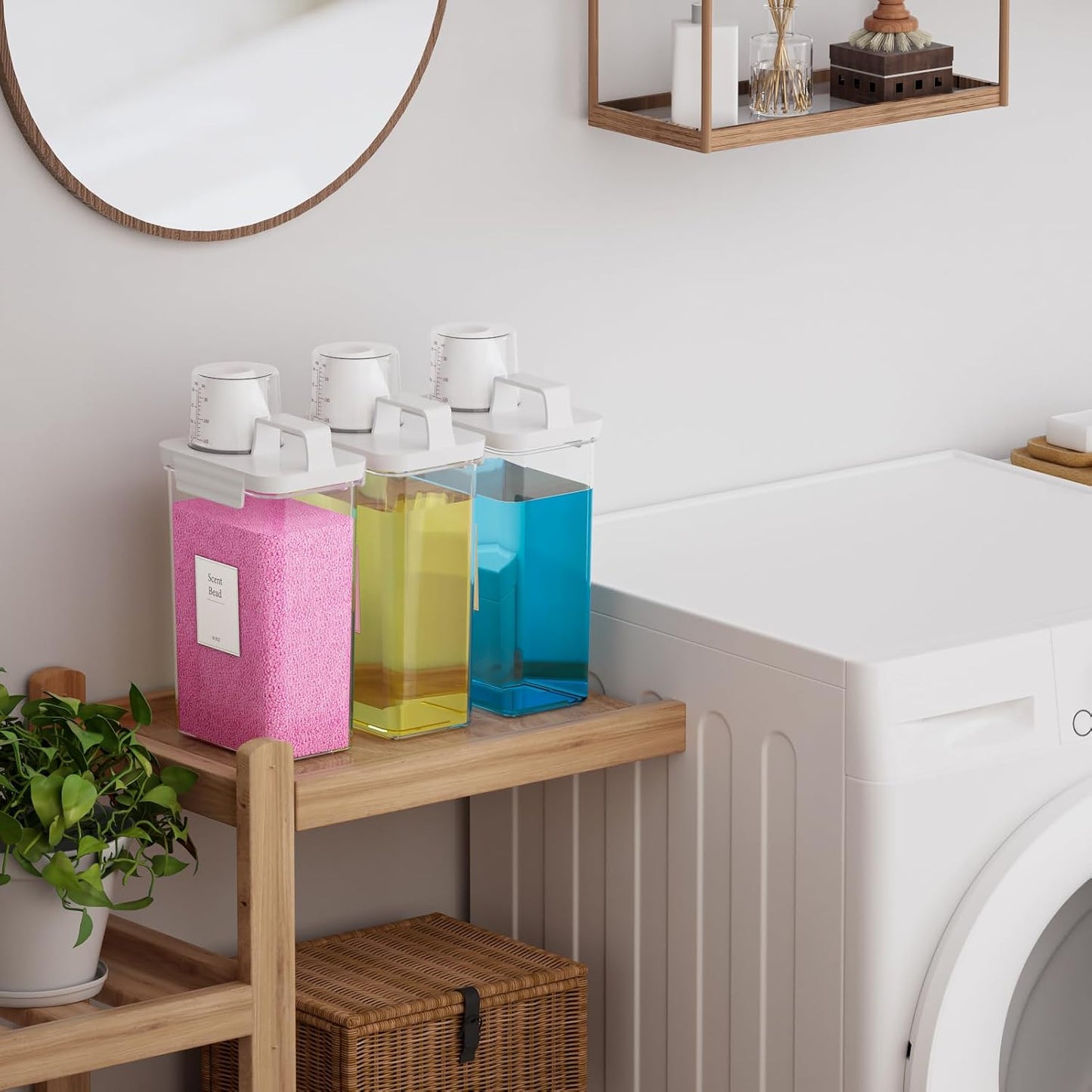 61OZ Laundry Detergent Dispenser Container, 2 Pack Liquid Laundry Dispenser, Plastic Detergent Dispensers for Laundry Powder/Fabric Softener with Tray 6 Labels, Clear