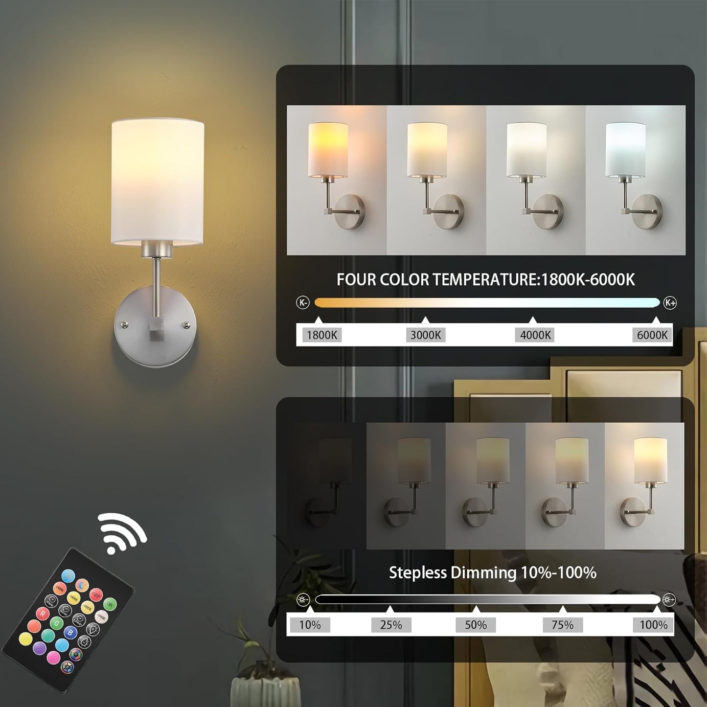 Battery Operated Wall Sconces Set of Two,Wireless Rechargeable Wall Light With Remote Control, Dimmable, Amber Light/Warm White/Natural White/Daylight/RGB, Timer,for Living Room,Bedroom,Entryway,Gold