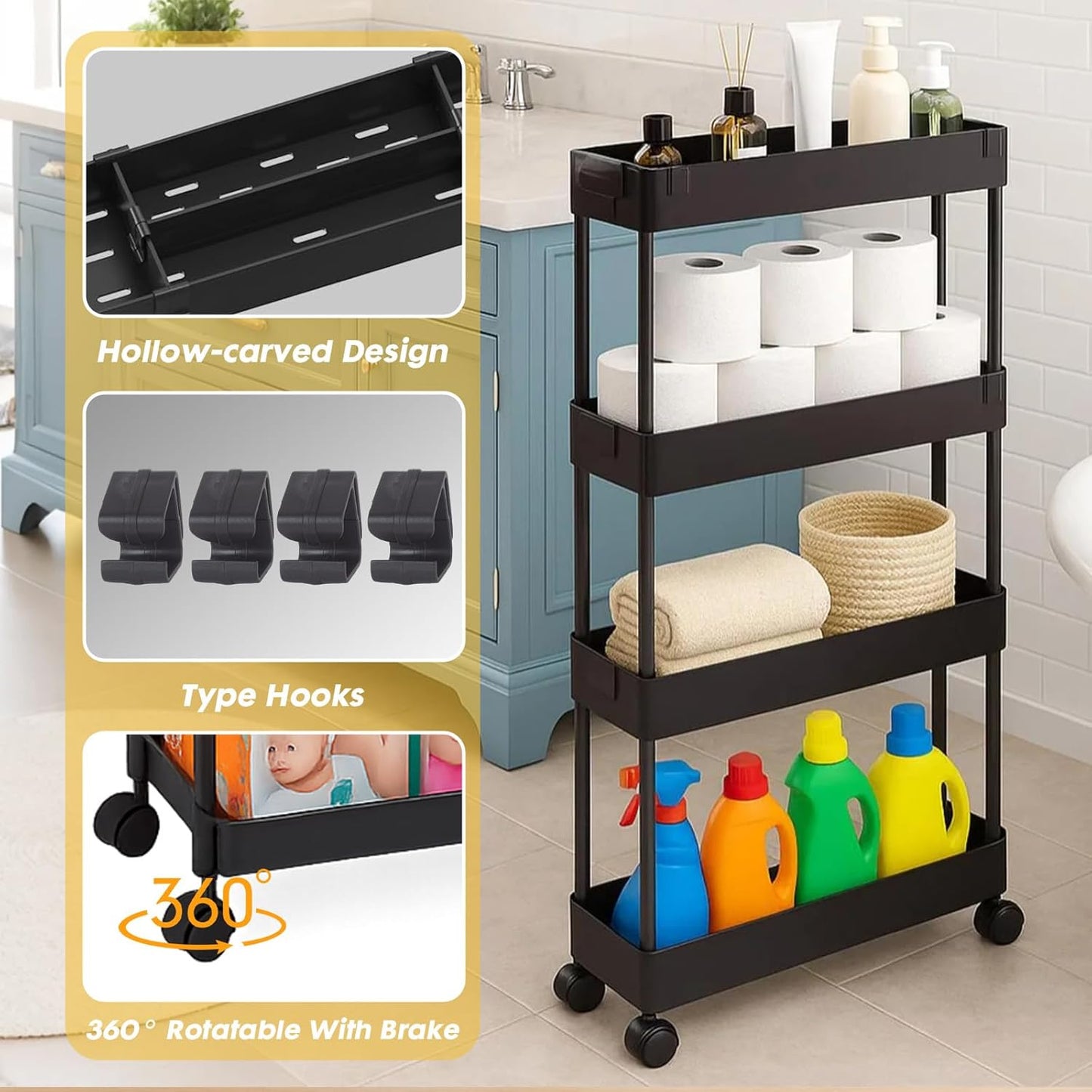 ShellKingdom 4 Tier Bathroom Storage Organizer, Slim Rolling Storage Cart for Narrow Space, Mobile Shelving Unit with Lockable Wheels and Hooks for Bathroom, Kitchen, Laundry Movable Shelf (Green)