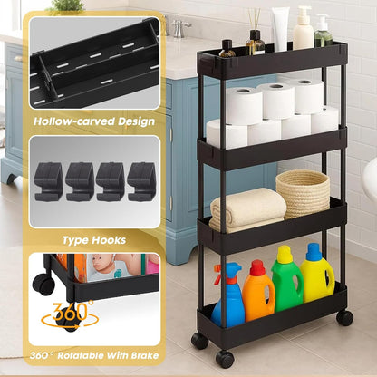ShellKingdom 4 Tier Bathroom Storage Organizer, Slim Rolling Storage Cart for Narrow Space, Mobile Shelving Unit with Lockable Wheels and Hooks for Bathroom, Kitchen, Laundry Movable Shelf (Green)
