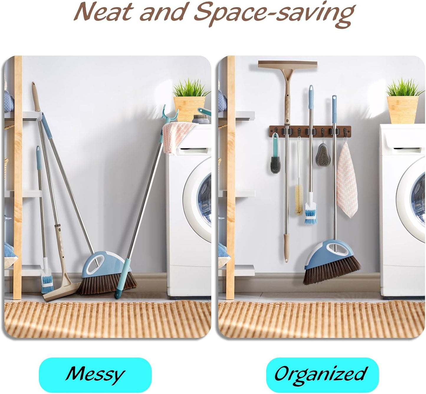 OUTNILI Mop and Broom Holder Wall Mount - Wood Broom Mop Hanger - Wall Mounted Garden Tool Rack Organizer for Closet Garage Laundry Room for Rustic Kitchen Decor With 5 Slots & 4 Hooks