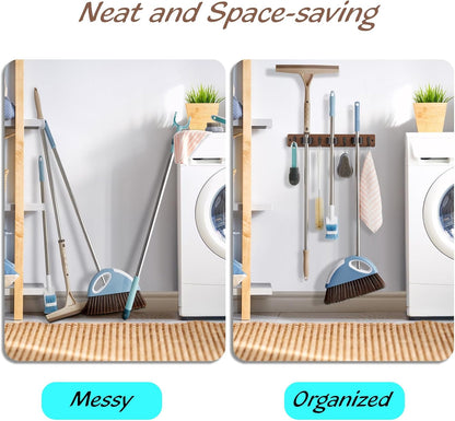 OUTNILI Mop and Broom Holder Wall Mount - Wood Broom Mop Hanger - Wall Mounted Garden Tool Rack Organizer for Closet Garage Laundry Room for Rustic Kitchen Decor With 5 Slots & 4 Hooks