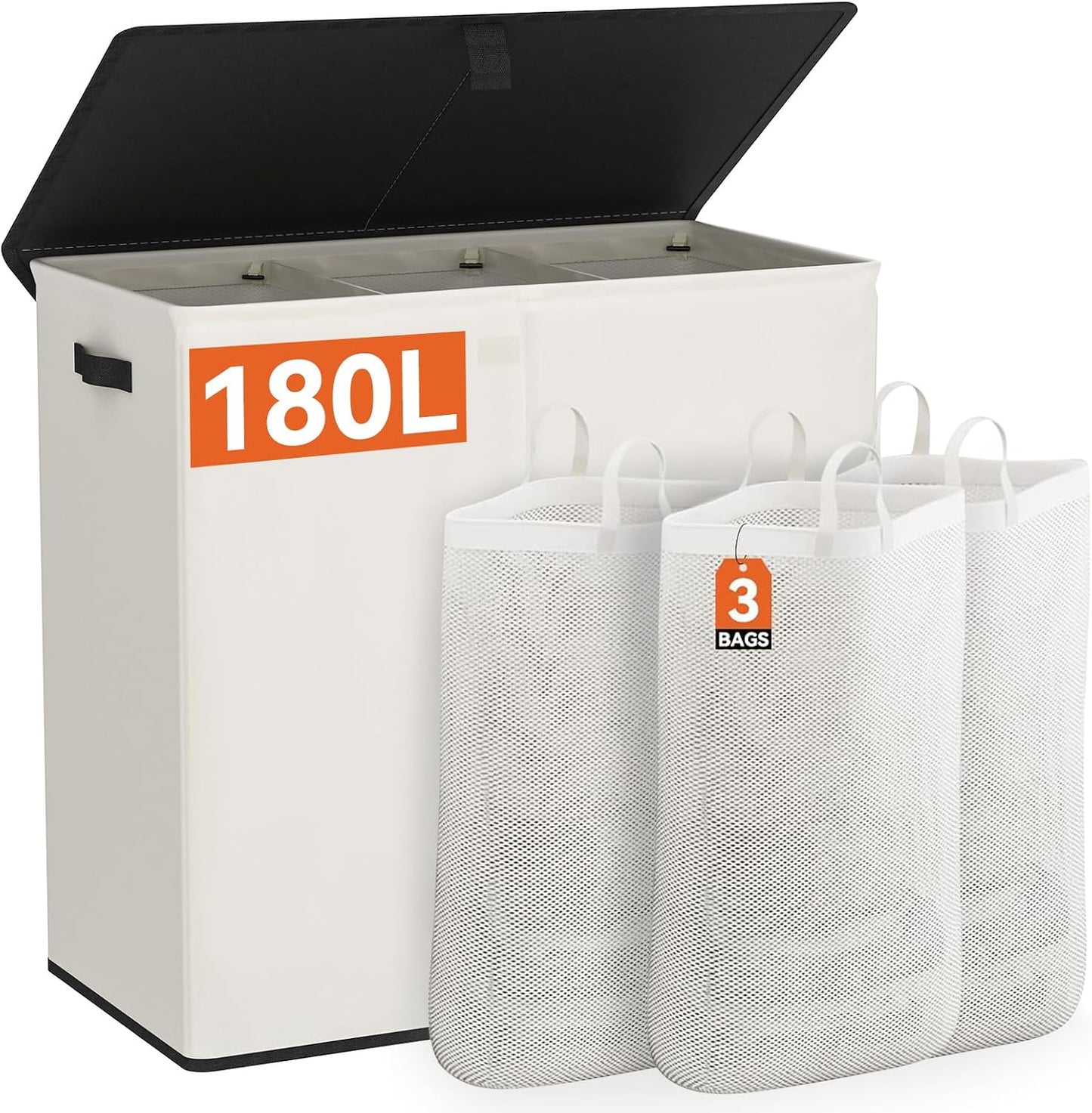 WOWLIVE Laundry Hamper with Lid,160L Large Laundry Basket 3 Section with Removable Washing Bags,Collapsible Waterproof Dirty Clothes Hamper for Laundry Room Bathroom Dorm,Beige