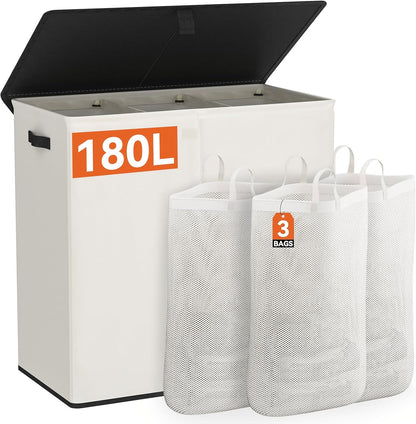 WOWLIVE Laundry Hamper with Lid,160L Large Laundry Basket 3 Section with Removable Washing Bags,Collapsible Waterproof Dirty Clothes Hamper for Laundry Room Bathroom Dorm,Beige