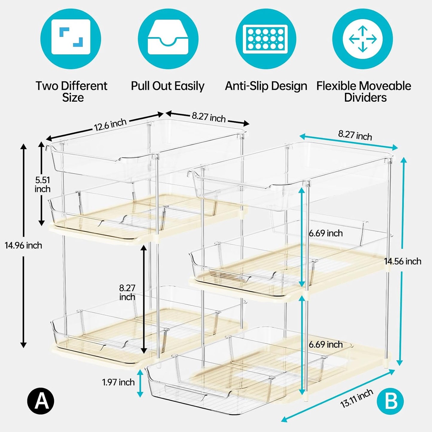 Delamu 2 Sets of 3-Tier Bathroom Under Sink Organizers and Storage, Multi-Purpose Stackable Pantry Organization and Storage, Pull Out Clear Kitchen Bathroom Cabinet Organizer with Movable Dividers | Storage
