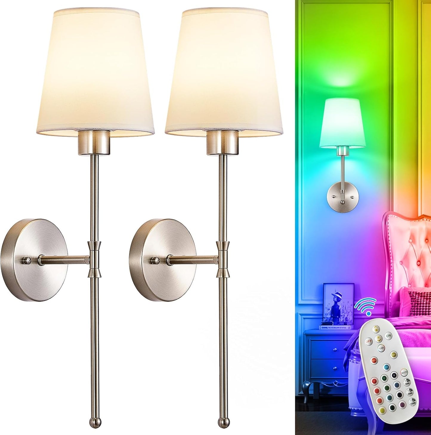 Depuley Battery Operated Wall Sconce: Set of 2 Wireless Wall Lights with 10000mAh Dimmable Bulbs and Remote for Bedroom - Rechargeable 15 Colors Gold Wall Lamp for Living Room Hallway
