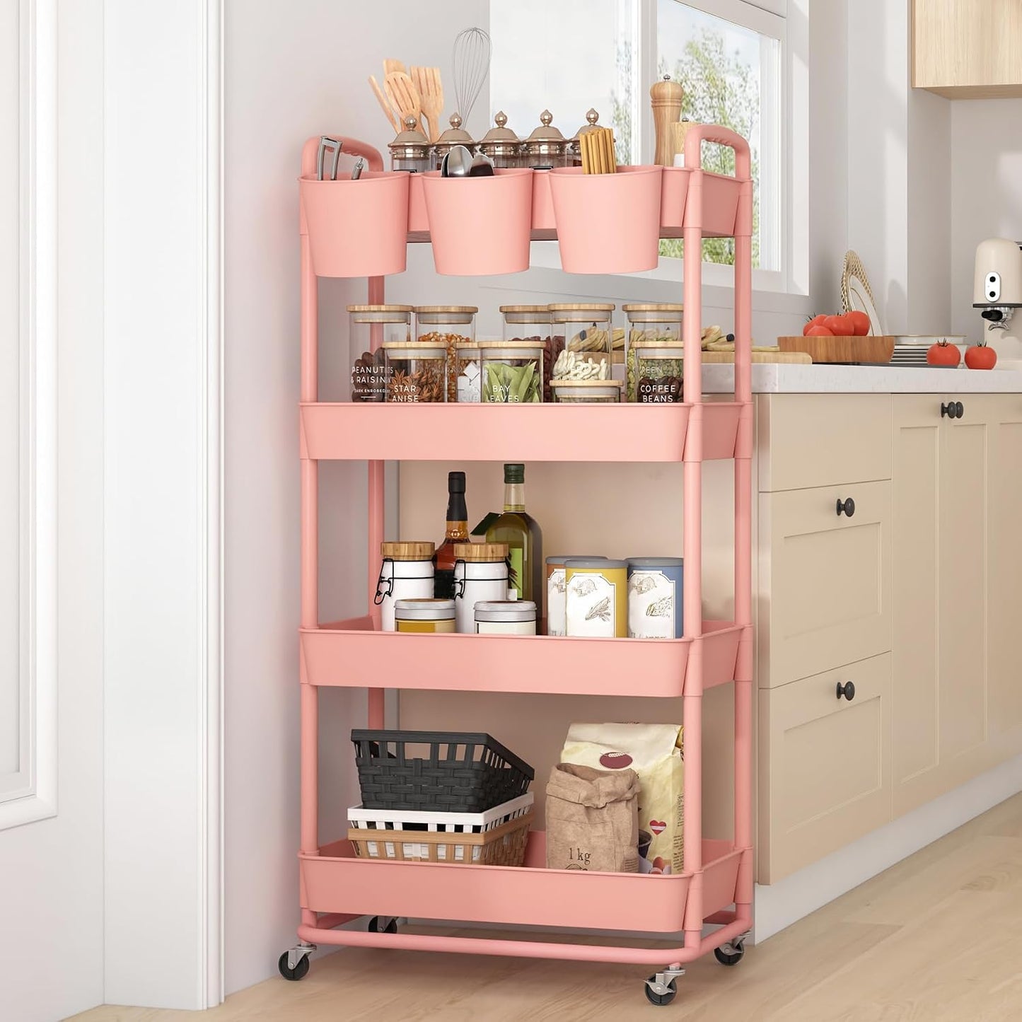 JIUYOTREE 4-Tier Plastic Rolling Storage Cart Utility Cart with Extra Hanging Cups Handles Lockable Wheels for Living Room Bathroom Kitchen Office White