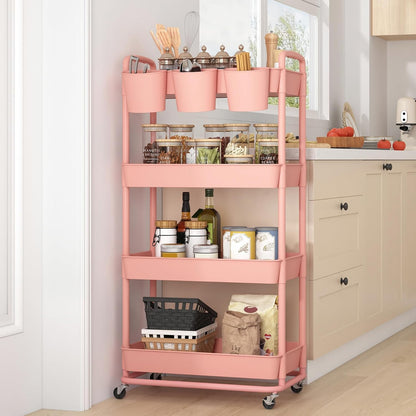JIUYOTREE 4-Tier Plastic Rolling Storage Cart Utility Cart with Extra Hanging Cups Handles Lockable Wheels for Living Room Bathroom Kitchen Office White