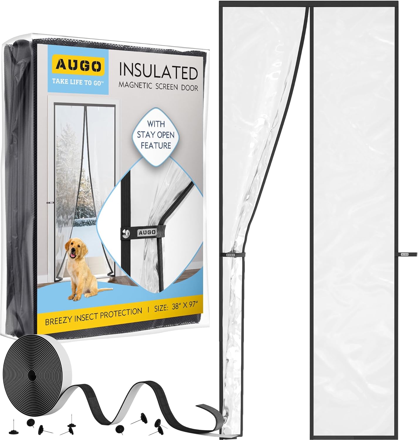 AUGO Heavy Duty Magnetic Screen Door – Fiberglass Pet Resistant Mesh, Self Sealing Hands Free Magnetic Closure, Tear Resistant Door Screen Keeps Bugs Out, Patent Pending Keep Open Feature – 38” x 83”